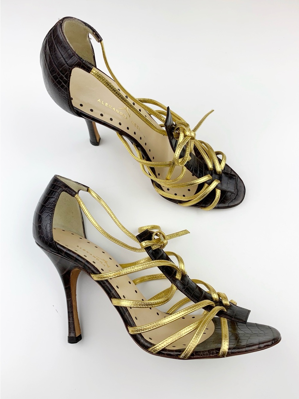 Alexandra Neel Sandals Brown Gold Leather Heels Strappy Italy Women's 39 US 9